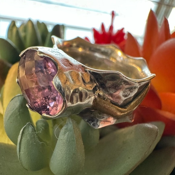 Arya Design Signed 925 Sterling Silver Gold Amethyst Hammered Boho Ring Size 8 - Picture 7 of 16